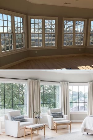 Arched manor before and after shots of the bedroom.