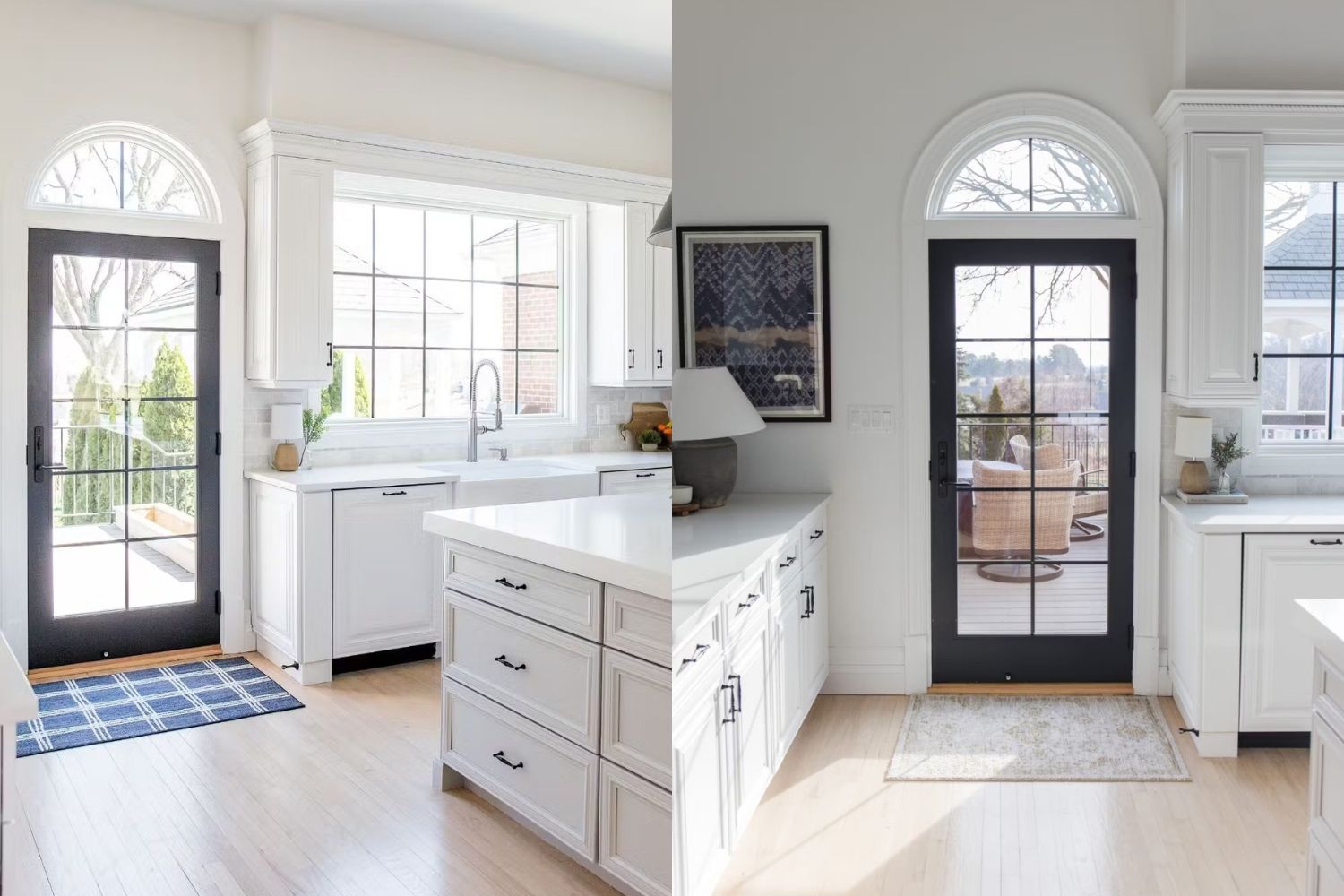 showcase of the kitchen remodel. Bright white cabinets and countertops contrasted with a dark entry door and windows that let in lots of natural light.