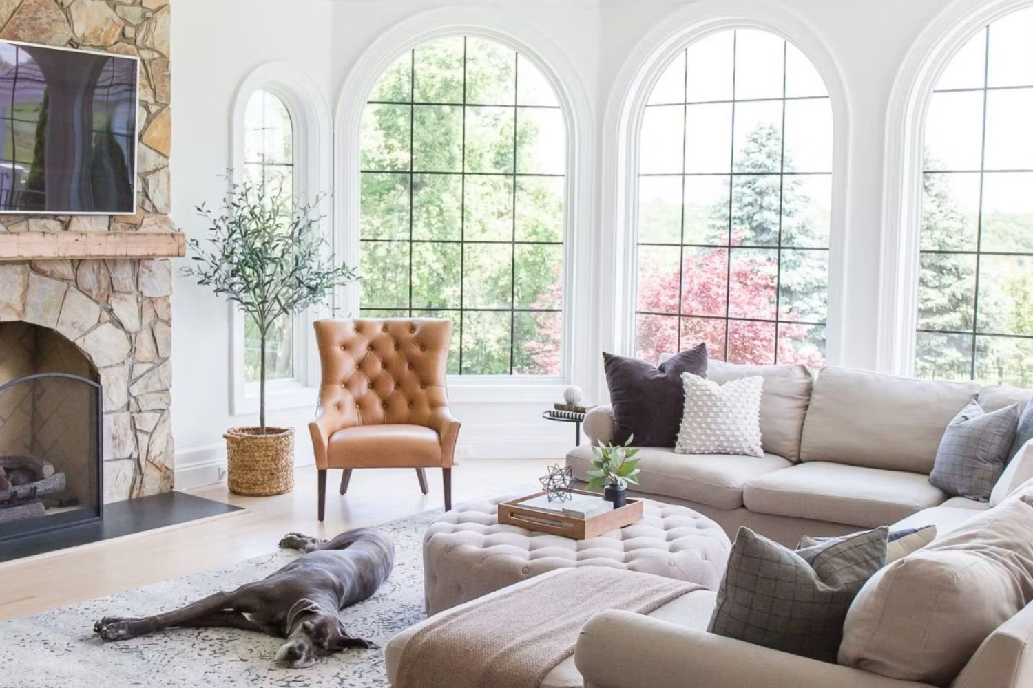Living room with white walls a large picture windows that let in lots of natural light.