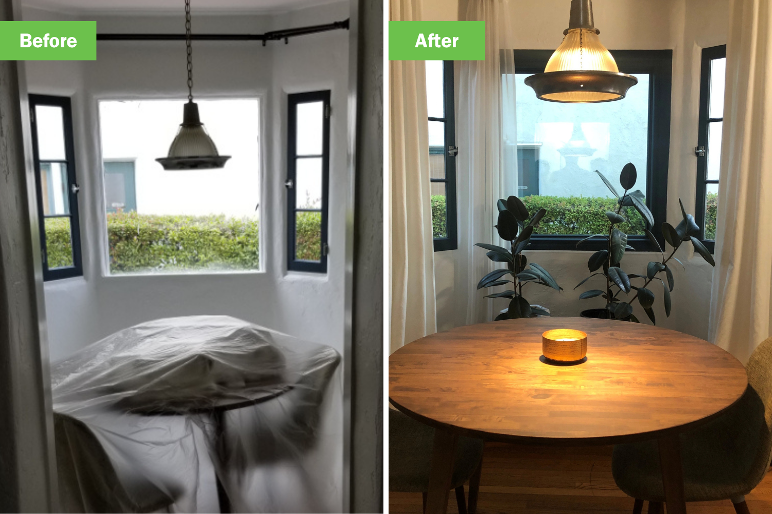 Before and after photos of a dining room showcasing a transformed table and chair arrangement with updated decor.