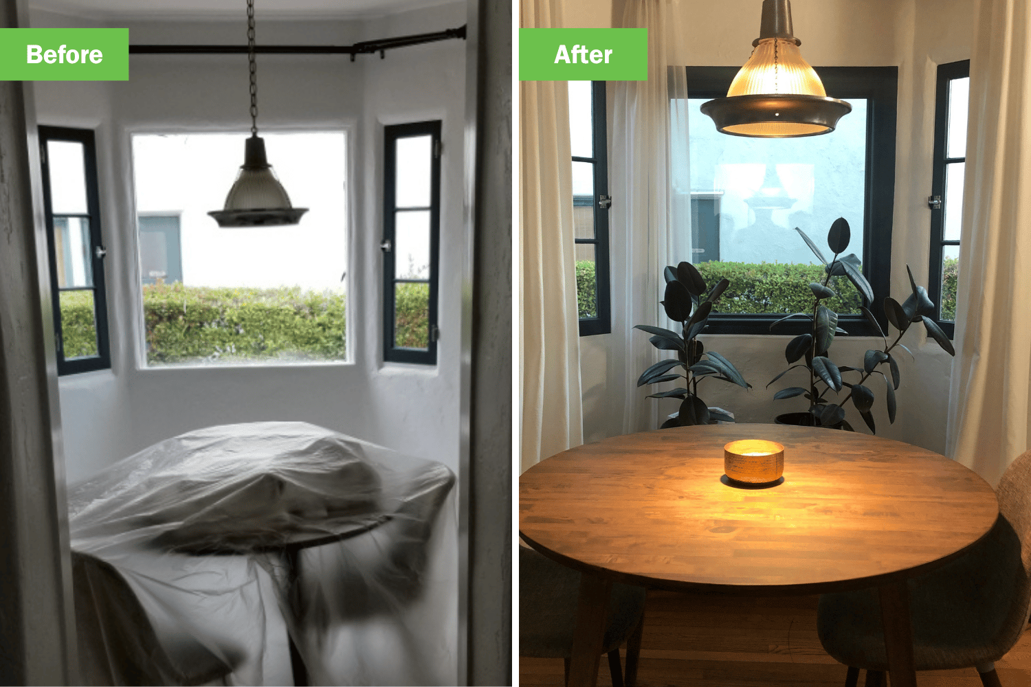 Before and after photos of a dining room showcasing a transformed table and chair arrangement with updated decor.
