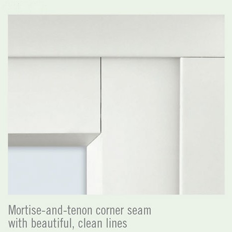 A mortise and tenon appearance to a corner in a window