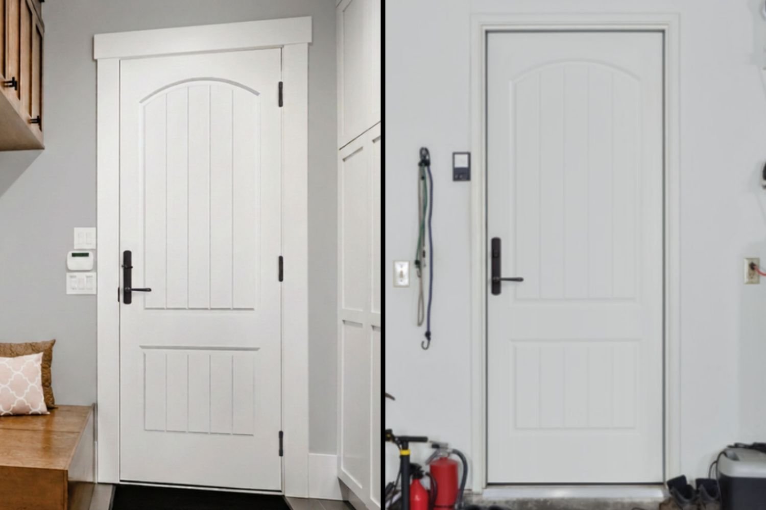 Left side shows a white fire-rated door from the interior perspective of a home in the mud room. The right side shows that same fire-rated door from the side in the garage.