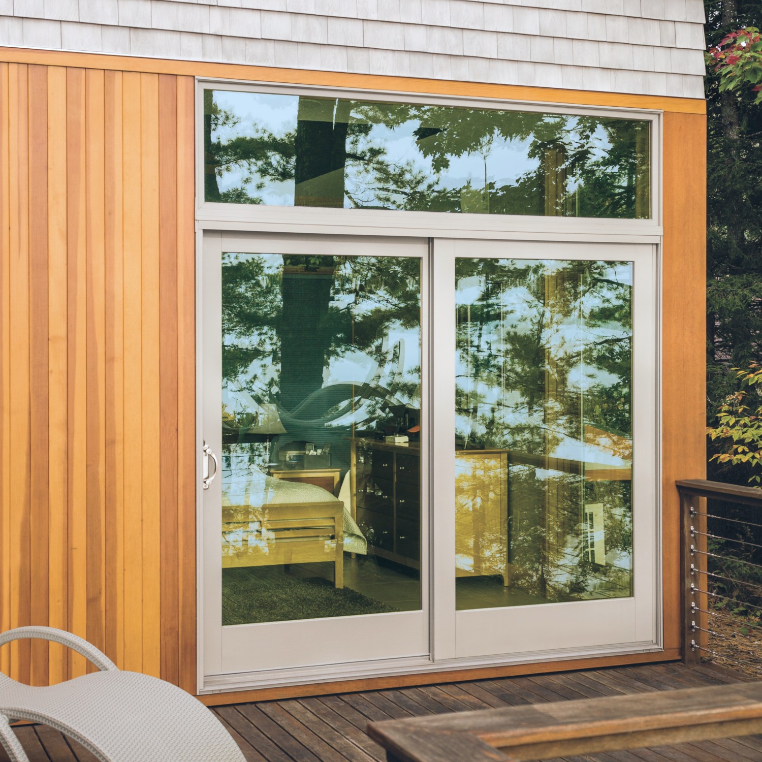 A sliding A-series door in sandtone.