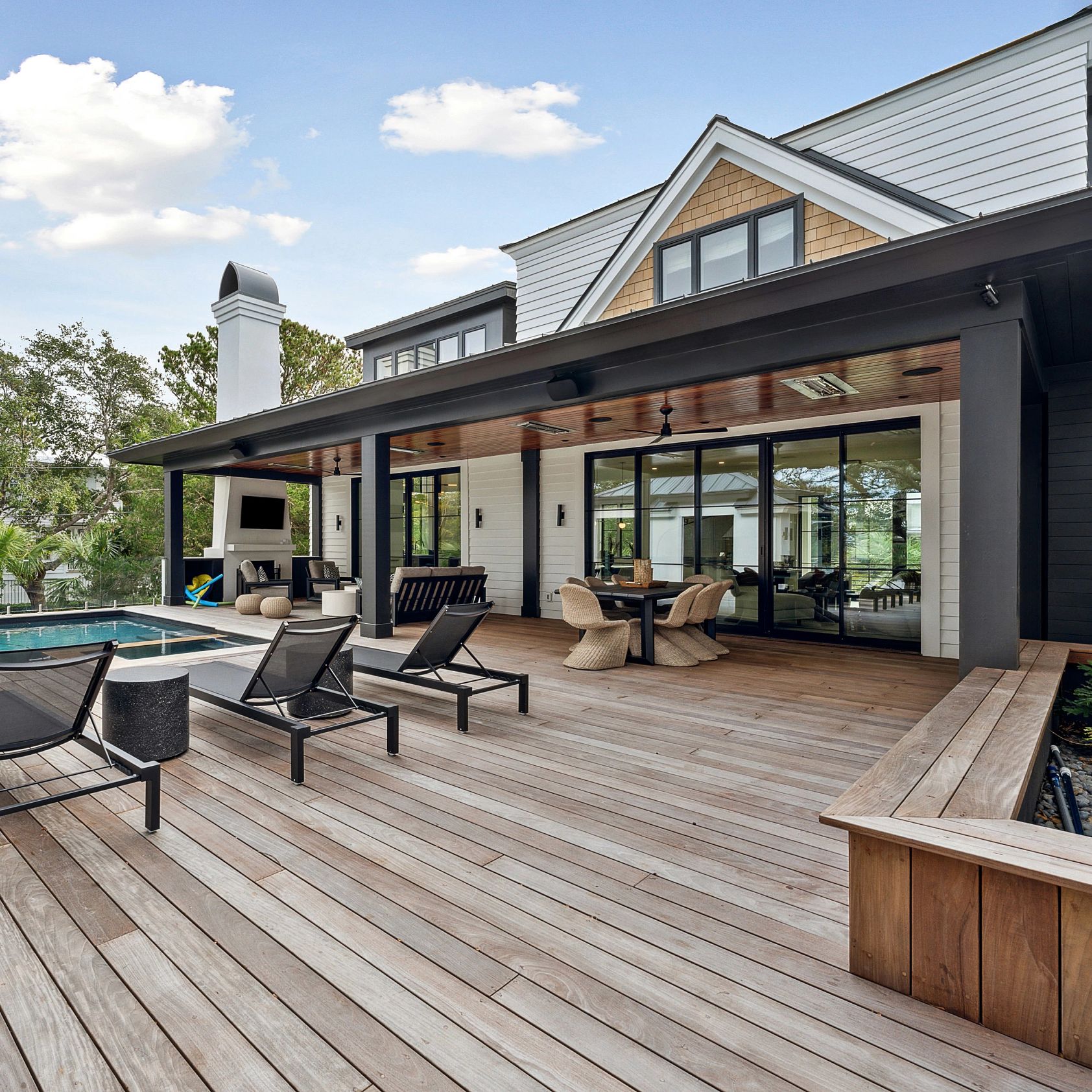 Looking at the multipanel sliding door from the exterior of a home.