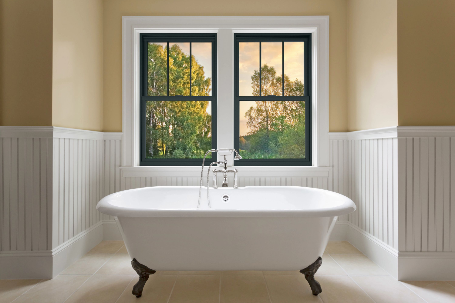 Renewal by Andersen Black Window Interior in a bathroom, there is a hot tub in front of it