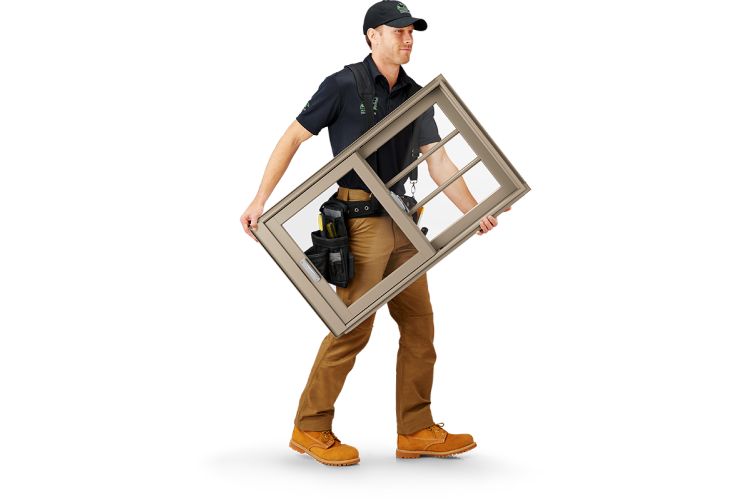 Installer walking with double hung window